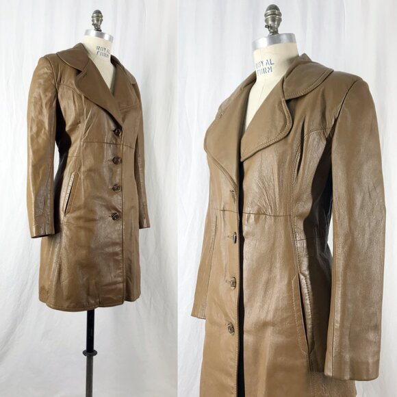 Vintage 70s Leather Jacket Brown Knee length Big Lapel - Picture 4 of 9